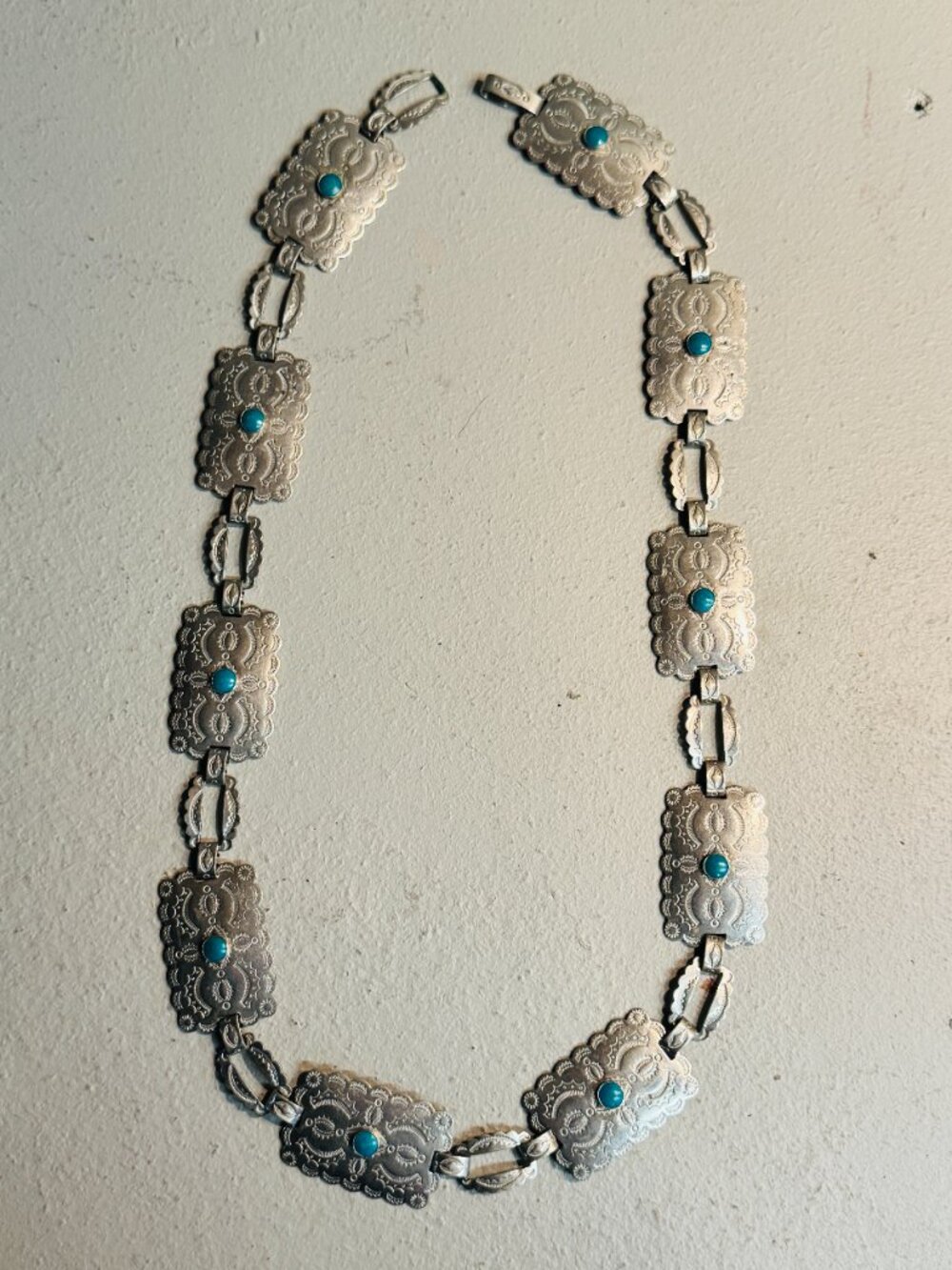 Vintage Southwestern Stamped Silver-Tone Turquoise Concho Link Belt